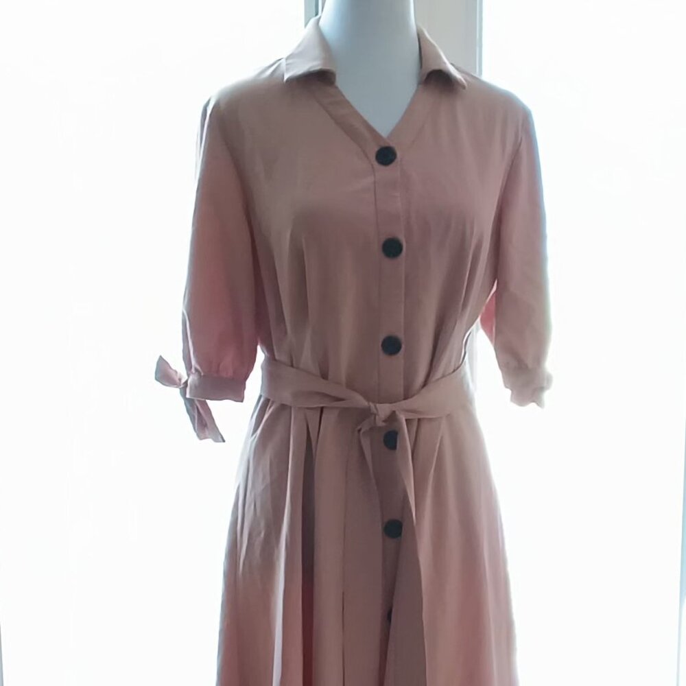 Reina Tan Collared Button Up Midi Tie Waist Coat or Dress